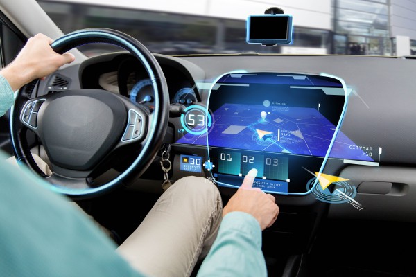 transport, destination, modern technology and people concept - close up of man driving car with navigation system on board computer